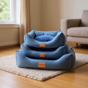 Set di Tre Pezzi in Flanella Blu Goffrata per Cuccia per Cani, Realizzato in Lino Pregiato per Letti per Animali - Product Image 3