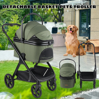 Poussette de luxe pliable et légère verte pour chat et chien avec fermeture éclair, pare-soleil réglable, cadre en aluminium détachable pour les voyages et le jogging