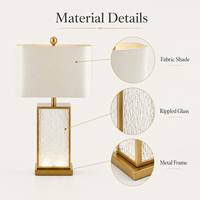 Lampe de table en verre texturé ondulé de luxe, cadre en métal doré avec abat-jour en tissu, AC85 265V E27, lampe de chevet pour la décoration de la maison