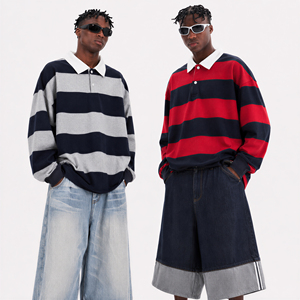 <span class=keywords><strong>Polo</strong></span> a maniche lunghe a righe oversize da uomo, stile Y2K streetwear, top da rugby con colletto a contrasto - Product Image 4