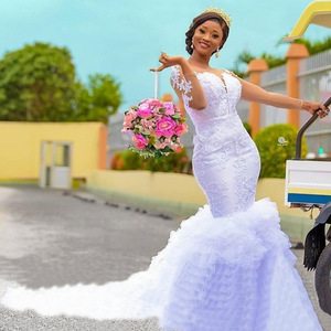 African Mermaid Wedding Dress White Ivory Lace Sweetheart Neckline Natural Waistline Long Sleeve Figure Flattering - Product Image 3