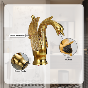 Grifo de Lavabo de Lujo con Doble Manija Artística, Diseño de Cuello de Cisne Dorado, en Latón - Product Image 3
