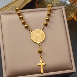 Western Geometric Gold Plated Smooth Ball Rosary Cross Prayer Scripture Coin Adjustable 316L Stainless Steel Women's <b>Bracelet</b> - Product Image 5