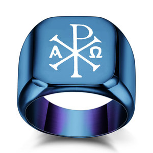 Bague carrée en acier inoxydable pour homme, 18 mm, logo croix bleue gravé au laser, bijou cadeau - Product Image 1