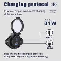 Chargeur USB pour voiture 16-90V QC3.0+ PD avec couvercle à ressort pour voiture, camping-car, bus, croisière, modification de l'alimentation