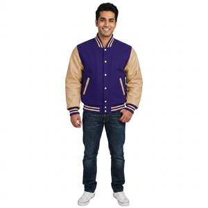 Blouson universitaire pour homme avec manches en cuir véritable et col montant en mélange de laine, logo frontal en toile - Product Image 1
