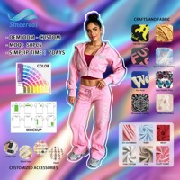 Ensemble de survêtement streetwear pour femme en molleton épais français, avec sweat à capuche court zippé à broderie vieillie et pantalon large, effet délavé à l'acide