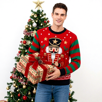 Pull jacquard à col rond pour homme, à rayures vertes et rouges, pour fête de Noël, motif Casse-Noisette, style pull de Noël moche