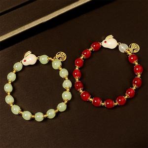 Chinese Style Jade Rabbit <b>Bracelet</b> For Women <b>Red</b> Beads Gold Accents Gift Jewelry - Product Image 4