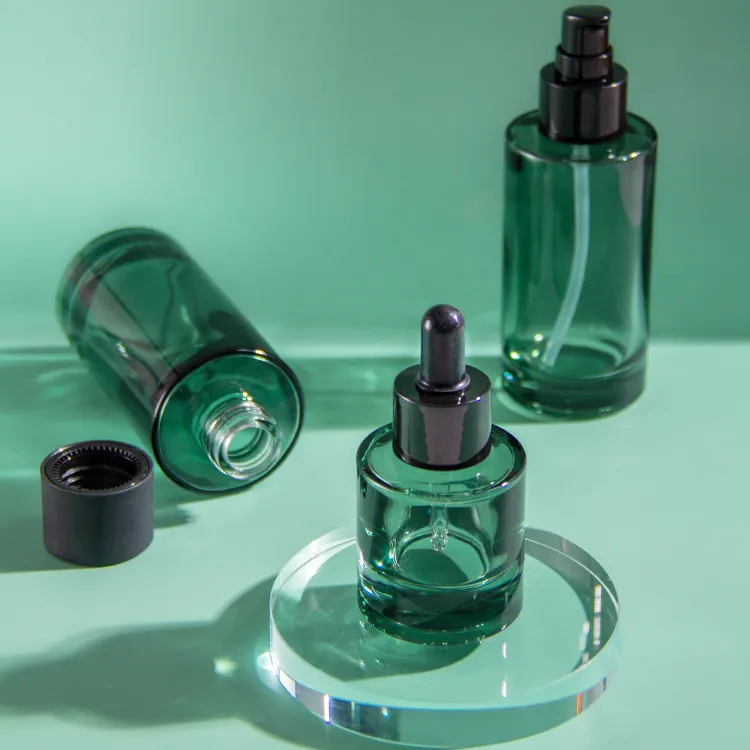 Gekleurde Cilinder Groen Glas Cosmetische Container Glazen Fles Set Voor Crème Lotion Huidverzorging Verpakking