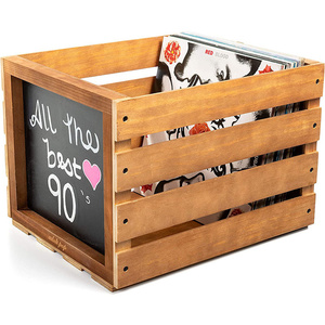 Wood Record Crate - Vinyl Album Storage Holder Box Wooden Case with Chalkboard Sign Board