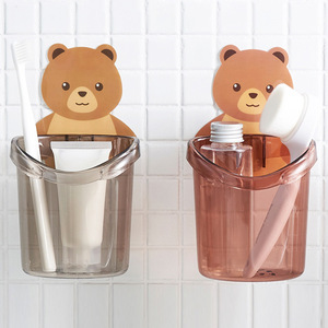 Bear <b>Toothbrush</b> Cup <b>Wall</b> <b>Mounted</b> Plastic Suction Cup Bathroom Storage Rack Toothpaste <b>Holder</b> Round Cartoon Design - Product Image 4