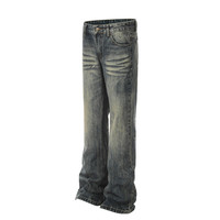 Jeans tendance pour hommes, délavés et déchirés, coupe droite ample, pantalon en denim, décoration de poche arrière, déchiré, effiloché, ample, jambe large