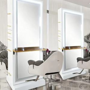 Muebles de Peluquería, Espejo de Maquillaje de Doble Cara, Espejo de Peluquería de Acero Inoxidable Dorado, Estación de Peinado con LED - Product Image 1