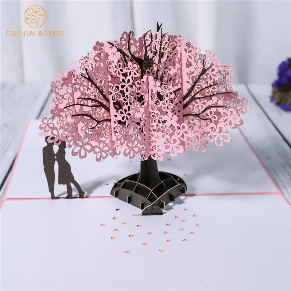 Exquisite paper cut pop up cherry blossom tree folding Valentine's day card wedding invitation card