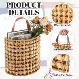 Woven Straw <b>Storage</b> Basket Round <b>Wall</b> Mounted <b>Hanging</b> Organizer For Office Books Envelopes - Product Image 3