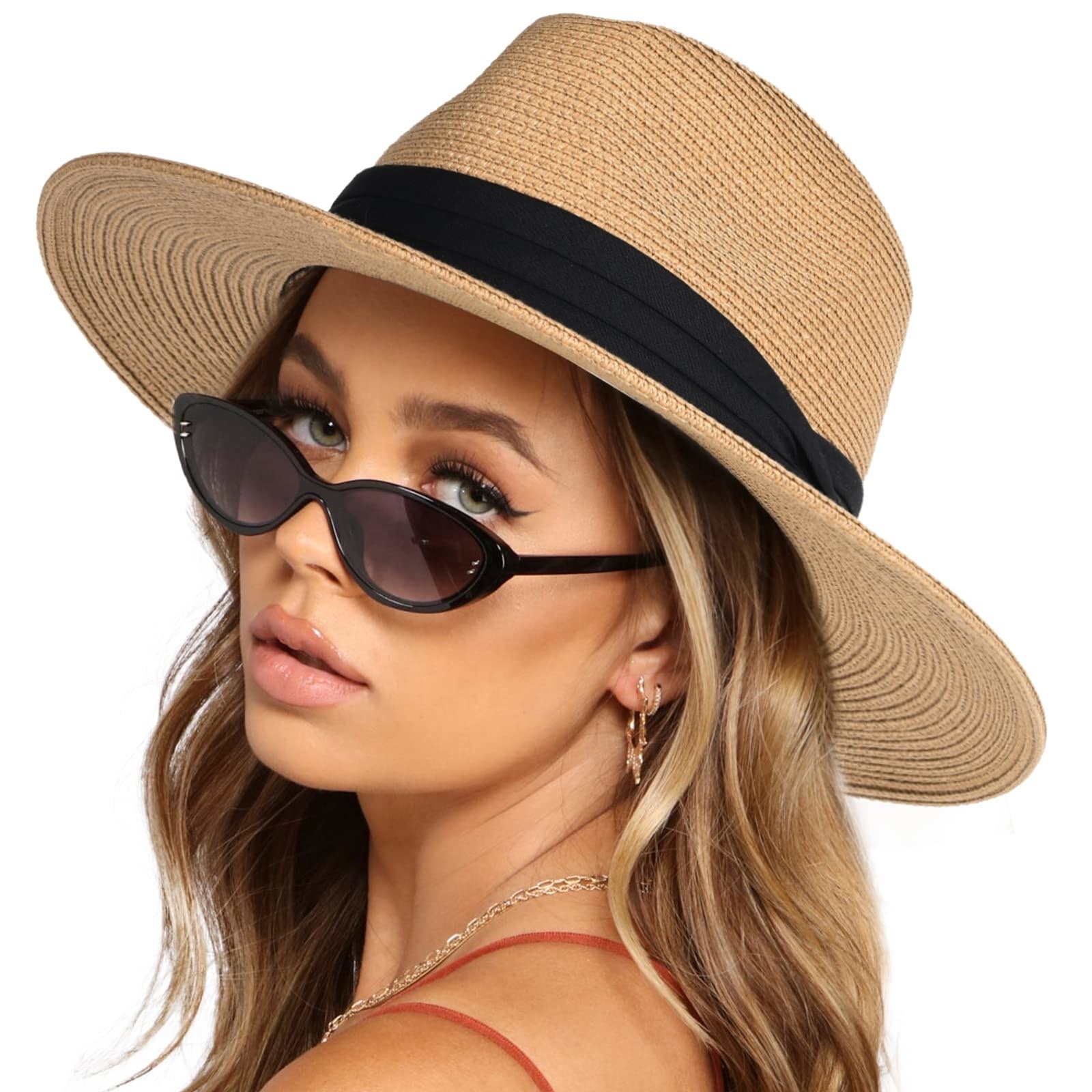 Chapéu de palha Furtalk para mulheres e homens chapéu de sol de praia de verão chapéu de palha Fedora para mulheres