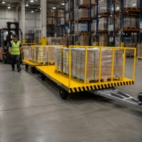 Chariot de transport robuste en fer pour atelier, à quatre roues directionnelles, plateforme de transfert logistique à plateau, remorque de remorquage
