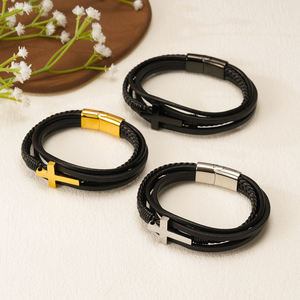 Cross Stainless Bracelet with Clasp Leather <b>Men</b> Bracelet - Product Image 4