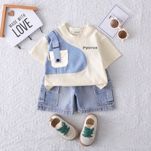 <span class=keywords><strong>Abbigliamento</strong></span> per Bambini, Set Estivo Trendy in Cotone per Ragazzini, Due Pezzi con Pantaloncini in Denim, Vendita all'Ingrosso - Product Image 3