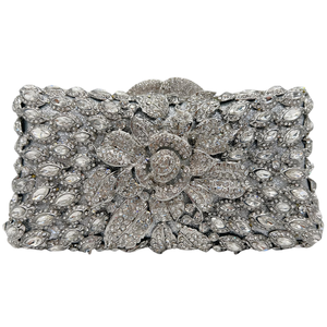 Sac de soirée pour femme en forme d'oreiller, orné de cristaux floraux centraux et de strass, pochette à chaîne amovible pour les fêtes - Product Image 3