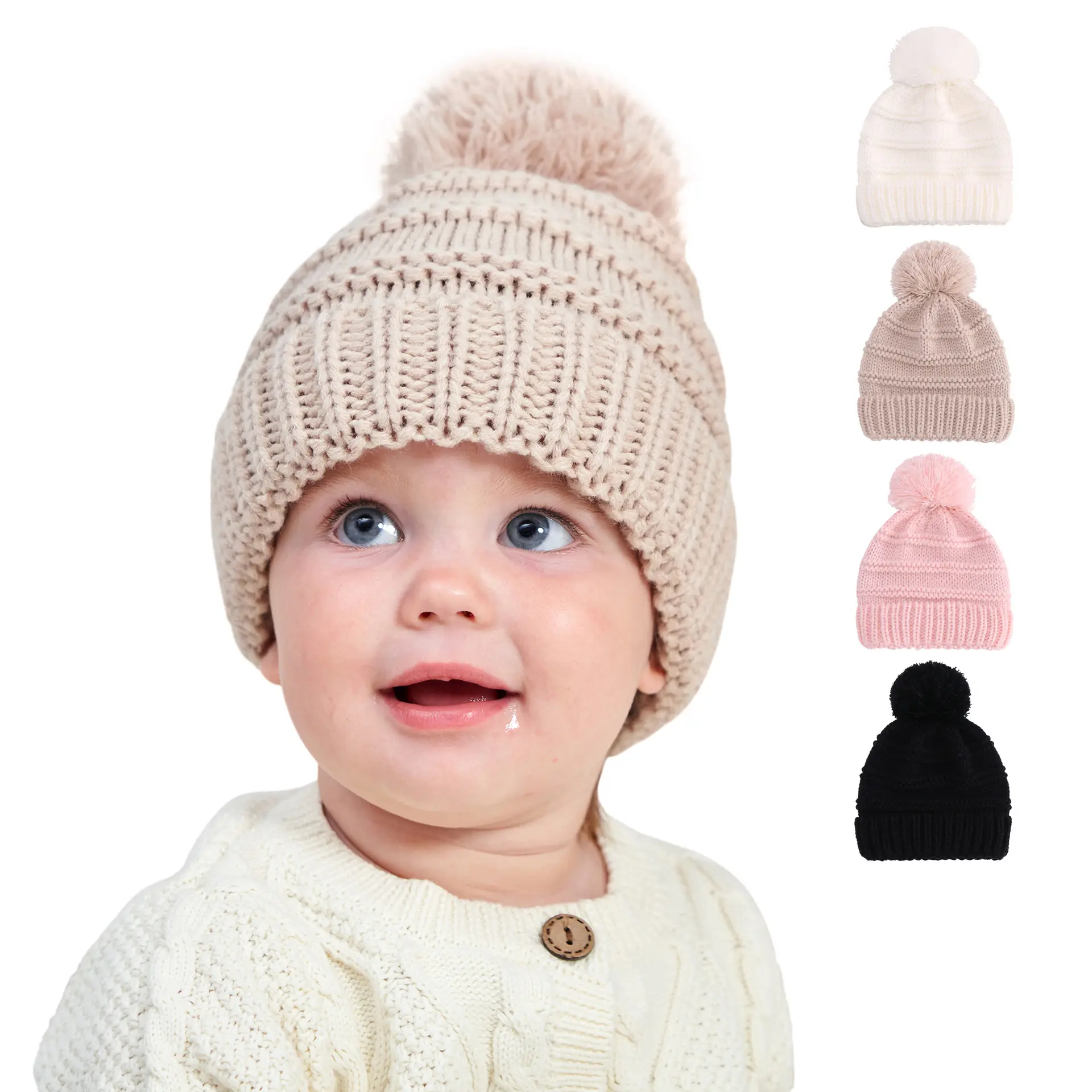 HJH449 pompon Baby Beanie autunno inverno caldo bambini cappello lavorato a maglia ragazza ragazzo Hairball elastico Bonnet Solid Crochet Pullover Caps