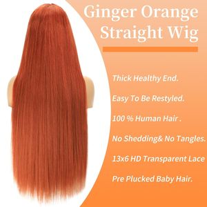 Perruque Lace Frontale 13x6 en Cheveux Humains Lisses Roux <span class=keywords><strong>Orange</strong></span>, Dentelle HD Transparente, Pré-épilée avec Baby Hair, Densité 200% - Product Image 3