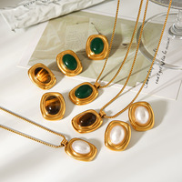 Ensemble de bijoux rétro français pour femmes |   Collier œil de tigre et boucles d'oreilles vintage en perles turquoise, acier inoxydable plaqué or