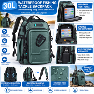 30L Waterproof Fishing Tackle Backpack , Convertible Sling Strap & Hard Shell Pocket , Professional Angler Gear Organizer - Product Image 1