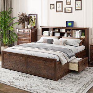 Cama de almacenamiento de madera oscura con estante en la cabecera y cajones debajo de la cama para uso en el dormitorio - Product Image 1
