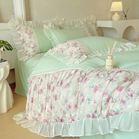 Nouvel ensemble de literie style princesse français, lavé, avec jupe de lit à volants en dentelle mignonne et féminine, housse de couette pour la décoration de chambre
