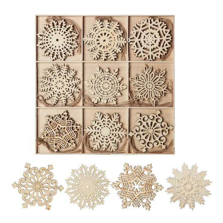 Caja de regalo de madera artesanal, ornamento de decoración de Navidad con piezas de copo de nieve para decoración de árbol de Navidad