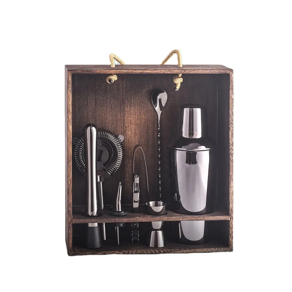 OUYADA-Boîte en bois avec logo personnalisé, kit de 10 pièces, barman, ensemble d'outils de bar à Martini en acier inoxydable, shaker noir, bar à cocktails