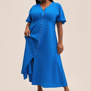 Abito blu abbottonato in <span class=keywords><strong>misto</strong></span> <span class=keywords><strong>lino</strong></span> blu <span class=keywords><strong>abiti</strong></span> da donna eleganti <span class=keywords><strong>abiti</strong></span> Casual - Product Image 5