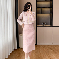 Ensemble 2 pièces élégant pour femme, veste courte à col rond et nœud décoratif, manches longues, et jupe midi, style tweed pour le bureau, automne-hiver