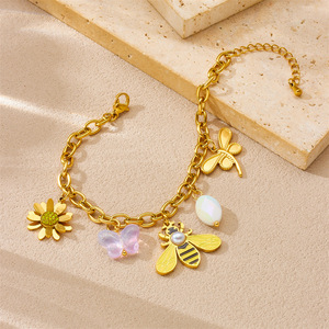 Gold Plated Charm Bracelet With Bee Butterfly Flower Pendant Zinc Alloy Women's Jewelry Gift Accessory - Product Image 3