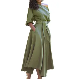 Wholesale New Fashion Women Half Sleeve Dresses Lady Elegant Oblique Shoulder Waist Strap Belt Big Hem A-line Casual Dress