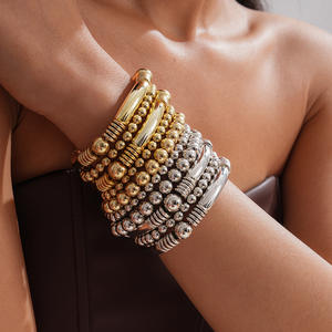 Juego de 5 Pulseras Elásticas con Cuentas Redondas para Mujer, Textura Metálica, Accesorios de Mano Elegantes, Pulseras Apilables a la Moda - Product Image 1