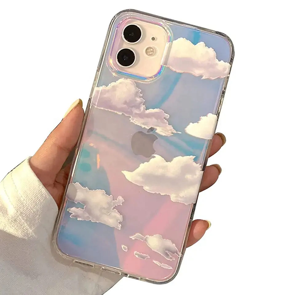 Cute Clear White Cloud Sky Hard Phone Case Holographic TPU Shockproof Bumper Cover Case for iPhone 14 13 12 Pro Max