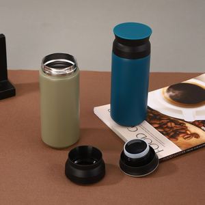 Taza de Acero Inoxidable 304 Estilo Harajuku de 350 ml con Asa Simple, Tapa Plana y Aislamiento Térmico para Auto, Oficina, Viajes, Regalo - Product Image 2
