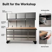 Armoire à outils en acier inoxydable de 72 pouces, 15 tiroirs, poste de travail moderne, verrouillage à clé, déverrouillage par mot de passe, personnalisation OEM, rangement d'outils