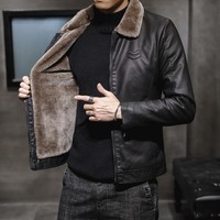 Fleece gefütterte schwere Punkt kragen Lässige Oberbekleidung Warme, dicke, isolierte Vintage-Mantel Reife Herren-Kunstleder jacke