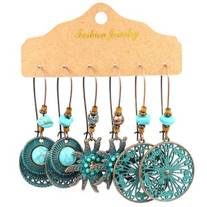Boucles d'oreilles pendantes bohèmes en alliage plaqué bronze antique pour femmes, ensemble de boucles d'oreilles géométriques perlées - Product Image 4