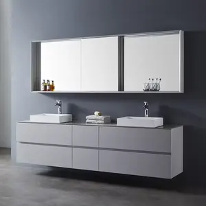 Gabinete de baño de doble fregadero Premium DE FÁBRICA DE Foshan, diseño de puerta plana, tocador de baño montado en la pared moderno a la moda