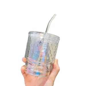 Vidrio resistente al calor Taza de vidrio colorida Leche Jugo Café Agua Vaso con pajita