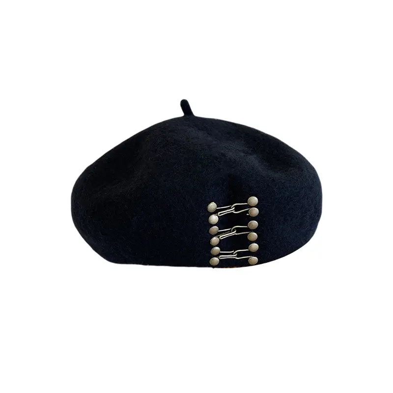 Wholesale Autumn And Winter Beret Metal Nail Buckle Retro British Painter Hat Woman Woolen Beret