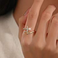 Anillo cruzado de nuevo diseño, anillo de pez ajustable con apertura chapada en oro de 14 quilates, circón religioso de latón para mujer