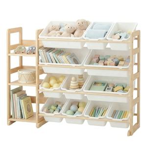 12 Plastic Bin Children'S <b>Baby</b> Room Shelf Pine Wood Kids Toy <b>Storage</b> Organizer with Bookshelf - Product Image 2