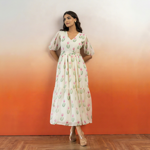Robe midi en mousseline à imprimé floral et col en V avec manches bouffantes, coupe trapèze ample, décontractée pour l'été, magnifique pièce élégante - Product Image 1