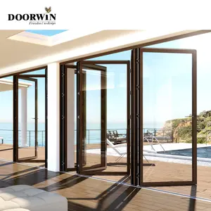 Partición de puerta de vidrio plegable corrediza sin marco de aluminio,  gran acordeón panorámico, balcón, puertas de patio plegables para exterior